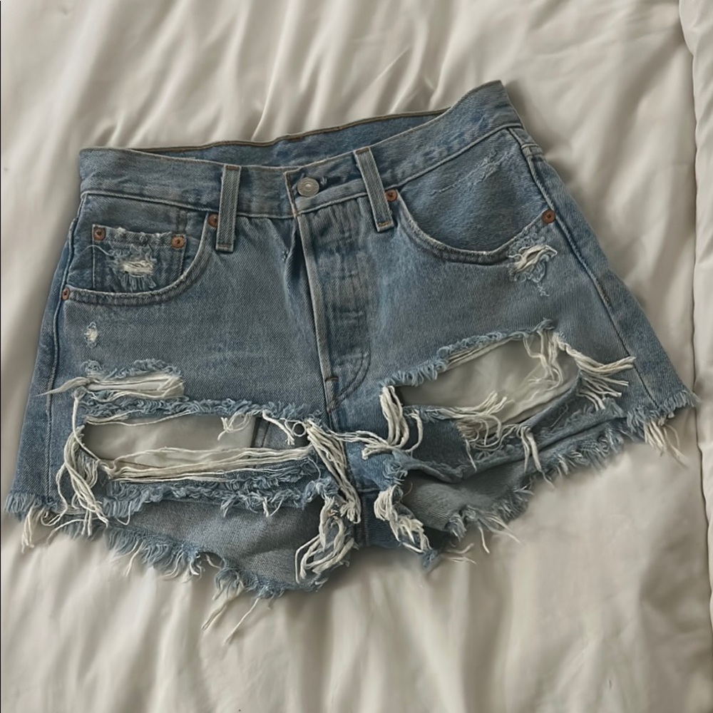 Levi's Blue High-Waisted Distressed Jean Shorts